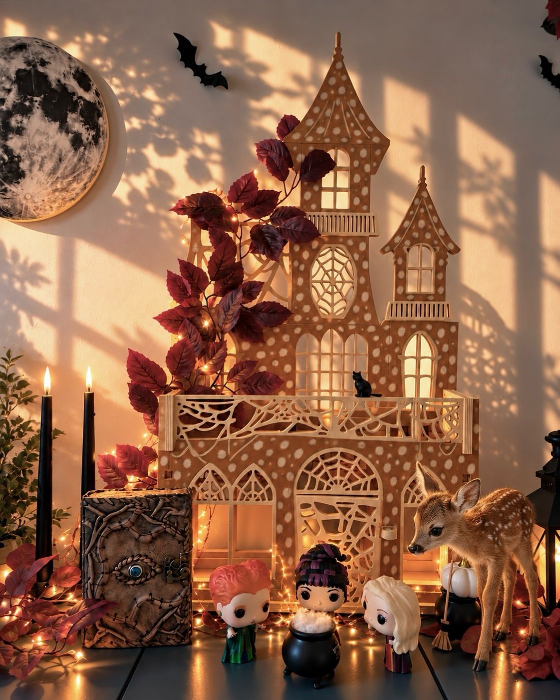 A wooden castle glows with fairy lights, paper bats and burgundy autumn leaves.